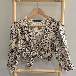 Zara Cream and Black Floral Blouse